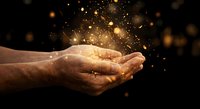 Cupped hands holding magical golden light particles and sparks against dark background, symbolizing hope, dreams, protection and spiritual energy.