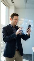 Smiling Caucasian businessman using smartphone with holographic AI data charts and market trend analytics floating in modern office.