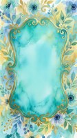 Turquoise watercolor frame with ornate gold scrollwork border surrounded by hand-painted florals in blue, yellow and green tones. Isolated design ready for invitations, greeting cards and decorative projects.