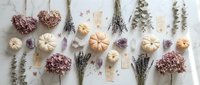Autumn flat lay with dried flowers, mini pumpkins and lavender bundles arranged on white marble background for seasonal home decor and crafting projects.