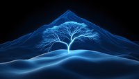 Glowing blue tree silhouette on mountain peak with ethereal light effect against dark background creates mystical winter landscape atmosphere.