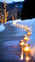 Glowing lanterns line a snowy path at dusk, creating a magical winter atmosphere with warm light reflections on the icy surface.