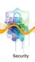 Watercolor cybersecurity concept with shield, padlock and hexagonal network elements in vibrant purple, blue and green tones for digital protection designs.