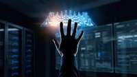 Hand reaching toward glowing digital brain hologram in modern data center server room representing artificial intelligence and machine learning technology.