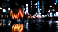Glowing orange stock market graph hologram reflected on wet city street at night with blurred bokeh lights and urban background.