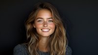 Young Caucasian woman with wavy brown hair and bright smile wearing dark sweater against black background. Natural beauty portrait with soft lighting and genuine expression.