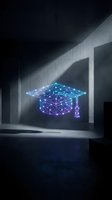 Futuristic neon graduation cap with geometric network pattern glowing in modern concrete interior for education technology concepts.