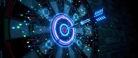Glowing neon target symbol with digital circuit patterns and data streams on dark background, representing cybersecurity, technology innovation, and network protection for digital marketing.