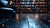 Magical glowing particles floating over dark wooden floor near vintage leather armchair in library interior with blurred bookshelves background.