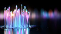 Glowing neon water fountains with pink and blue illumination creating magical streams against dark background, reflective surface shows dancing lights.