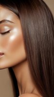 Young Asian woman with glossy straight brown hair and glowing skin in profile view for beauty and haircare advertising campaigns.