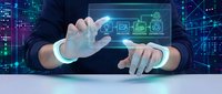 Businessman touching futuristic holographic interface with digital icons and data visualization in modern technology concept for business innovation.