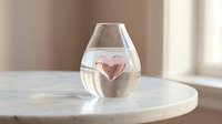 Clear glass vase with pink heart floating in water on white wooden table in soft natural light creating romantic minimalist home decor atmosphere.