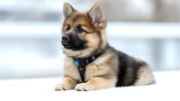 Mixed breed puppy with tan and black fur wearing blue collar lies on white surface, looking alert with perked ears and attentive expression. Perfect for pet care themes.