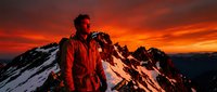 Male mountaineer in red jacket standing on snowy alpine peak at dramatic sunset, gazing at golden sky and distant mountains for adventure and outdoor lifestyle content.