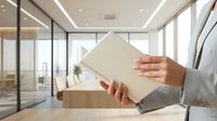 Businesswoman holding tablet in modern office with glass partitions and natural light, suitable for corporate technology and business solutions concepts.