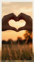 Hands forming a heart shape against a warm golden sunset over a meadow, symbolizing love, romance, and togetherness in nature.