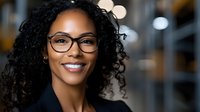 Professional African American businesswoman with curly hair and glasses smiling confidently in modern office environment for corporate presentations.
