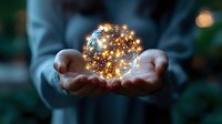 Magical glowing sphere with warm fairy lights floating above cupped hands in dark environment, creating mystical atmosphere for spiritual and fantasy concepts.
