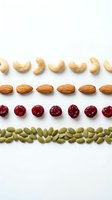 Assorted nuts and dried fruits arranged in neat rows on white background, featuring cashews, almonds, cranberries and pumpkin seeds for healthy snacking.