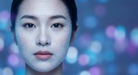 Asian woman with facial recognition grid overlay technology concept against blue bokeh background for biometric security applications.