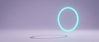Glowing cyan neon oval ring floating above reflective surface against soft purple gradient background, modern minimalist design for contemporary graphics and digital projects.