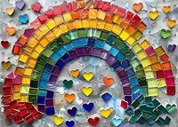 Vibrant mosaic rainbow made of colorful glass tiles with scattered heart shapes creating whimsical pattern on light background. Artistic design for home decor.