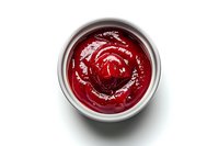 Fresh homemade tomato ketchup or red sauce in metal bowl isolated on white background, perfect for food packaging, menu design and culinary projects.