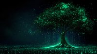 Magical glowing tree with luminescent green particles and light streams against dark background, creating ethereal forest atmosphere. Digital art for fantasy designs.