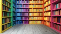 Rainbow colored library bookshelves with colorful book spines arranged in spectrum order from blue to orange to pink, empty wooden floor in foreground.