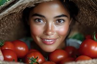 Young woman with freckles and natural makeup wearing straw hat smiling among fresh red tomatoes, close up portrait showing healthy lifestyle and organic farming.