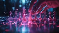 Glowing pink chess pieces on reflective surface with dramatic lighting and bokeh effects create futuristic gaming atmosphere. Strategic business concept for presentations.