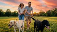 Happy Caucasian couple walking two dogs in a green park at sunset, laughing and enjoying outdoor leisure time together with their pets.