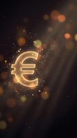 Golden euro currency symbol glowing with bokeh lights and sparkles on dark background for financial business concepts and economic presentations.