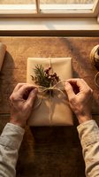 Person wrapping kraft paper gift box with natural twine and evergreen decoration on wooden table near window, holiday present preparation.