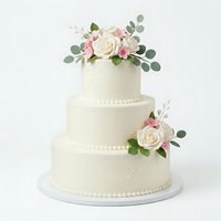 Three-tiered cream wedding cake with white roses, pink flowers, and eucalyptus greenery. Pearl beading detail. Isolated on white background for event design use.