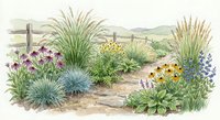 Watercolor desert garden landscape with native plants, ornamental grasses, wildflowers and stone pathway creating sustainable xerophytic landscaping design.