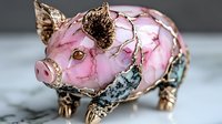 Pink and gold decorative pig figurine with ornate metallic details and delicate patterns, featuring intricate filigree work and artistic embellishments on textured surface.