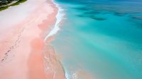 Aerial view of pink sand beach meeting turquoise ocean waters, creating natural contrast between shoreline and crystal clear sea, waves gently rolling onto pristine coastline.