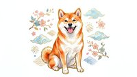 Shiba Inu dog with happy expression surrounded by decorative floral elements, clouds, and ornamental details on isolated white background, suitable for design projects.