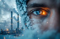 Dramatic double exposure portrait combining intense blue eye with industrial night cityscape, smoke and sparks overlay creates mysterious atmospheric mood.