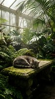 Tabby cat resting on moss-covered stone bench in lush greenhouse surrounded by tropical plants and natural light filtering through glass roof.