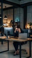 Stressed businesswoman working late at night in modern industrial office holding head in hands showing work burnout and mental fatigue.