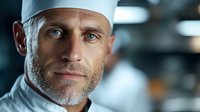 Professional male chef with white hat and uniform in commercial kitchen looking at camera with confident expression and slight smile.