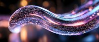Flowing wave of glittering particles with purple and pink light trails against dark background with bokeh effect.