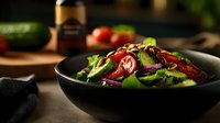 Fresh garden salad with cucumber, tomatoes and red onion rings in dark ceramic bowl, garnished with herbs and dressing, moody lighting.