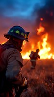 Firefighter wearing protective helmet and gear stands before massive flames during wildfire emergency response operation at dusk.