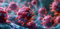 Microscopic view of virus cells with pink spherical bodies and protruding spikes against blue background, illustrating infectious disease concept.