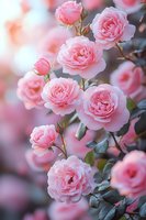 Delicate pink garden roses in full bloom against soft bokeh background, featuring multiple layered petals and dark green foliage. Romantic floral composition.