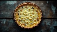 Homemade golden-brown pie with flaky crust and savory filling on rustic wooden table, perfect for food blogs and recipe websites.